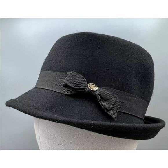 GOORIN BROS. Women’s Medium Cloche Wool Hat Black Ribbon Bow Logo Adjustable Cap - Picture 1 of 5